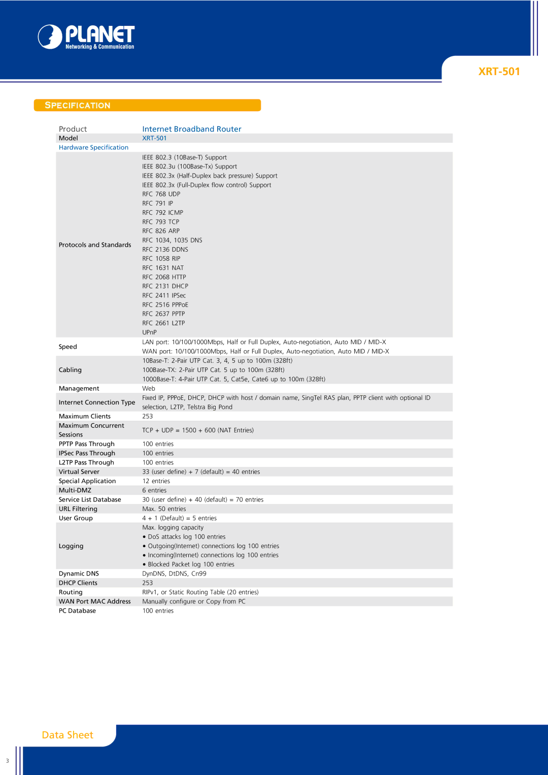 Planet Technology XRT-501 manual Hardware Specification 