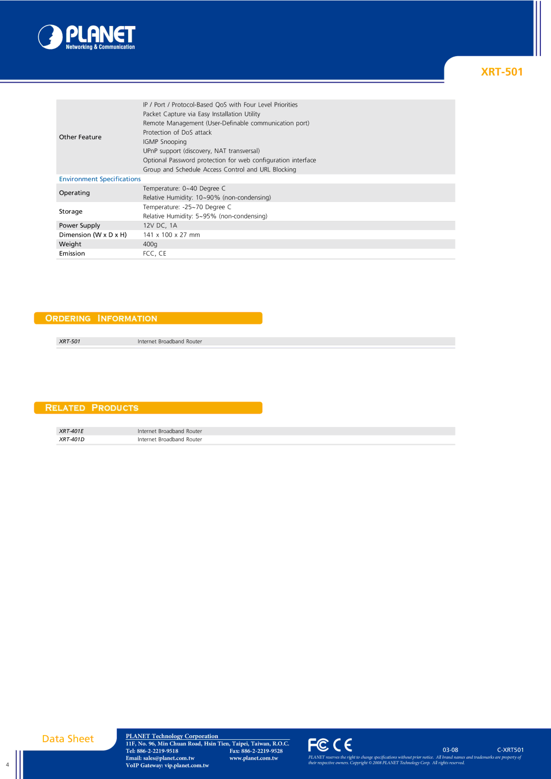 Planet Technology XRT-501 manual Ordering Information, Environment Specifications 