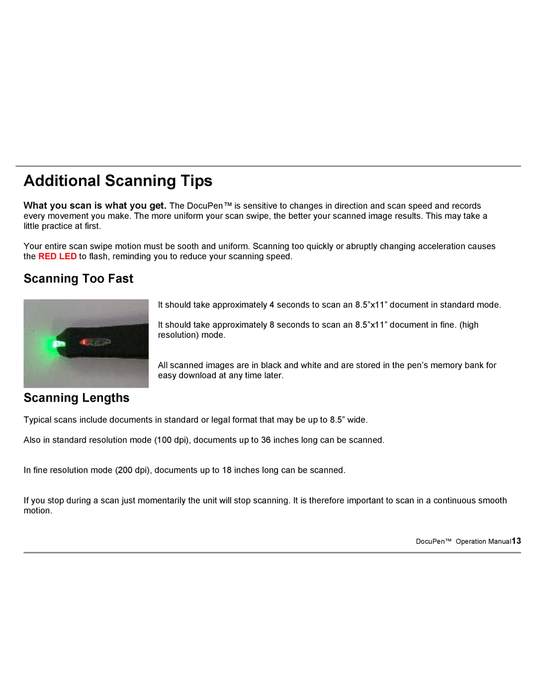 Planon System Solutions DocuPort Series DocuPen manual Additional Scanning Tips, Scanning Too Fast, Scanning Lengths 