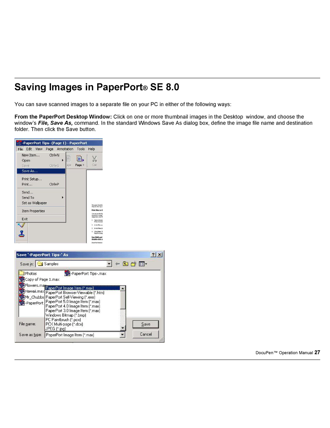 Planon System Solutions DocuPort Series DocuPen manual Saving Images in PaperPort SE 