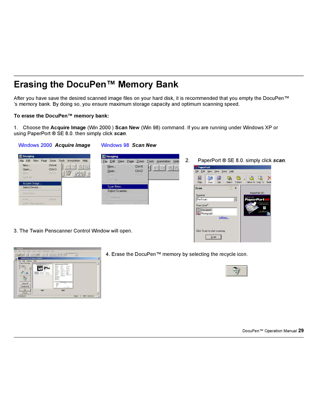 Planon System Solutions DocuPort Series DocuPen manual Erasing the DocuPen Memory Bank, To erase the DocuPen memory bank 