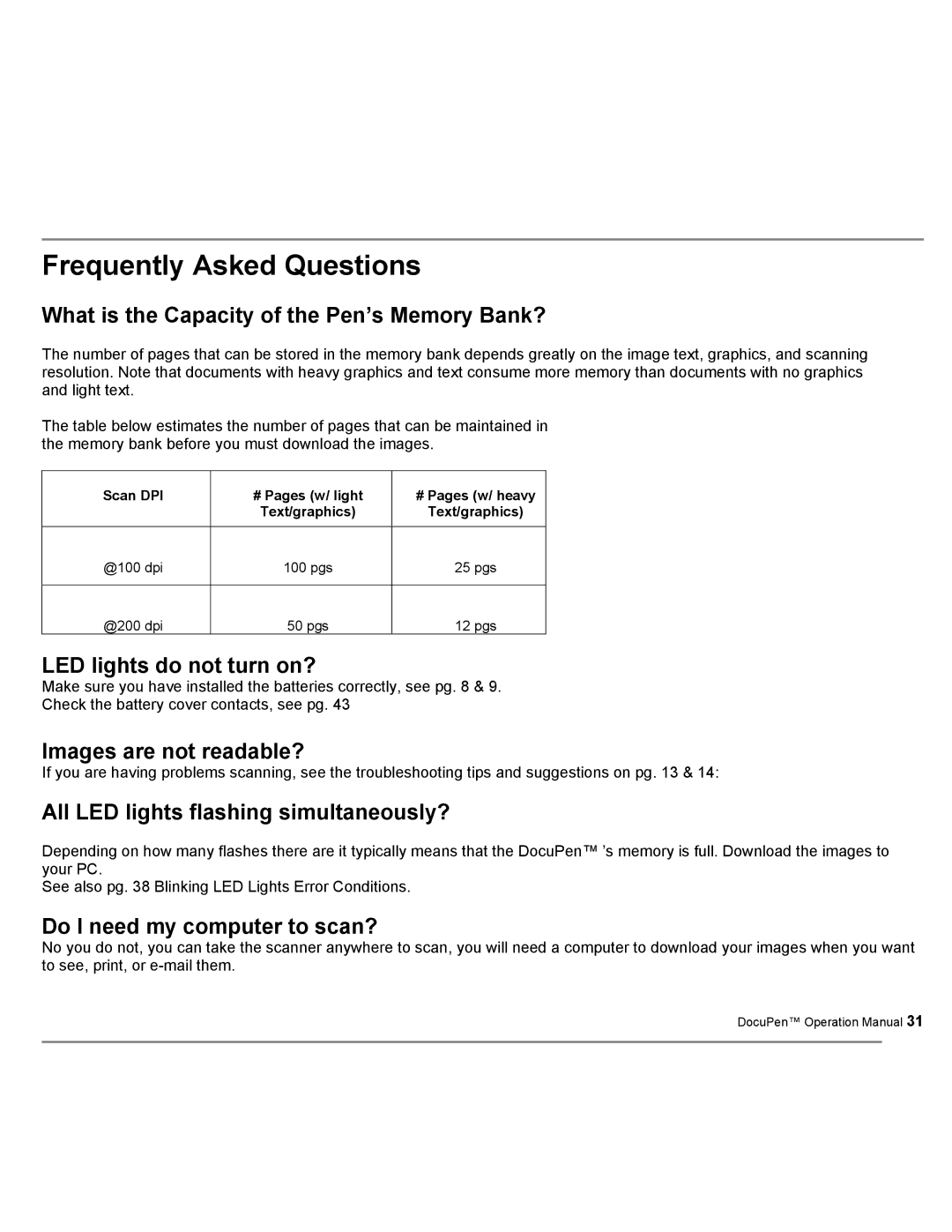 Planon System Solutions DocuPort Series DocuPen manual Frequently Asked Questions 