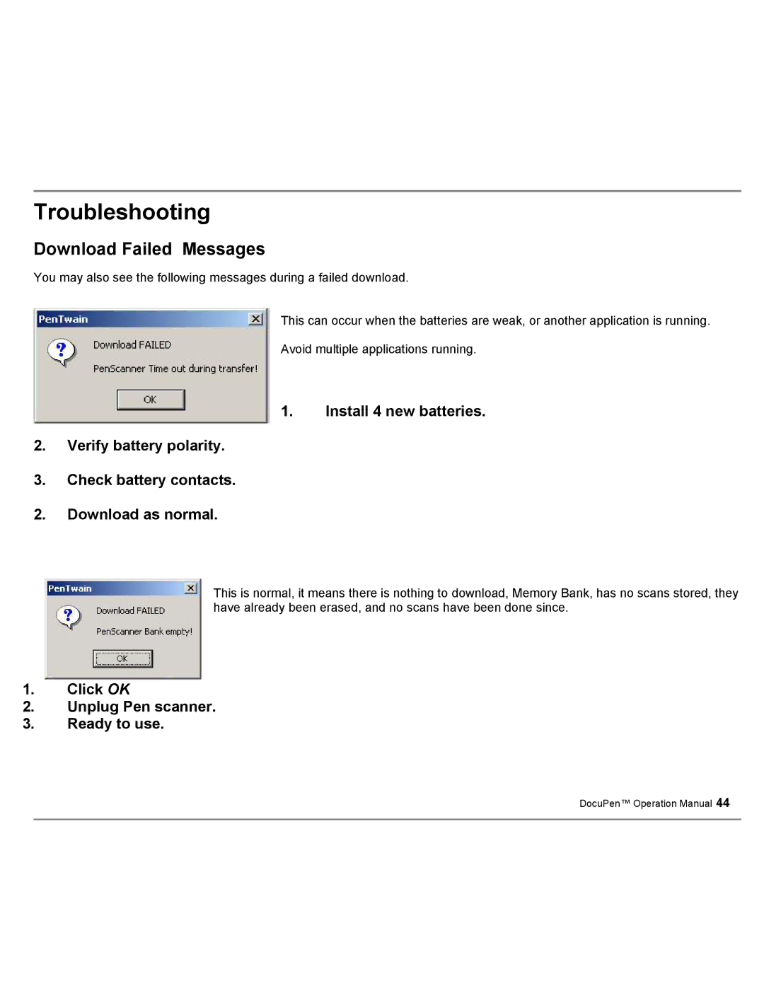 Planon System Solutions DocuPort Series DocuPen manual Download Failed Messages, Click OK Unplug Pen scanner Ready to use 