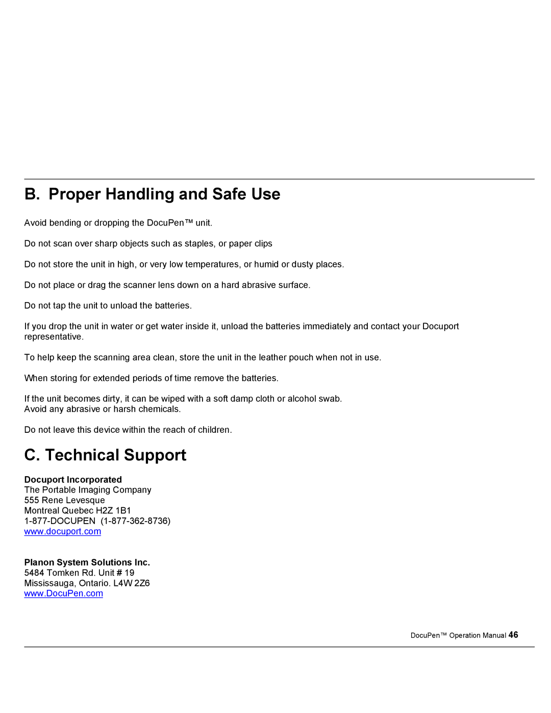 Planon System Solutions DocuPort Series DocuPen Proper Handling and Safe Use, Technical Support, Docuport Incorporated 