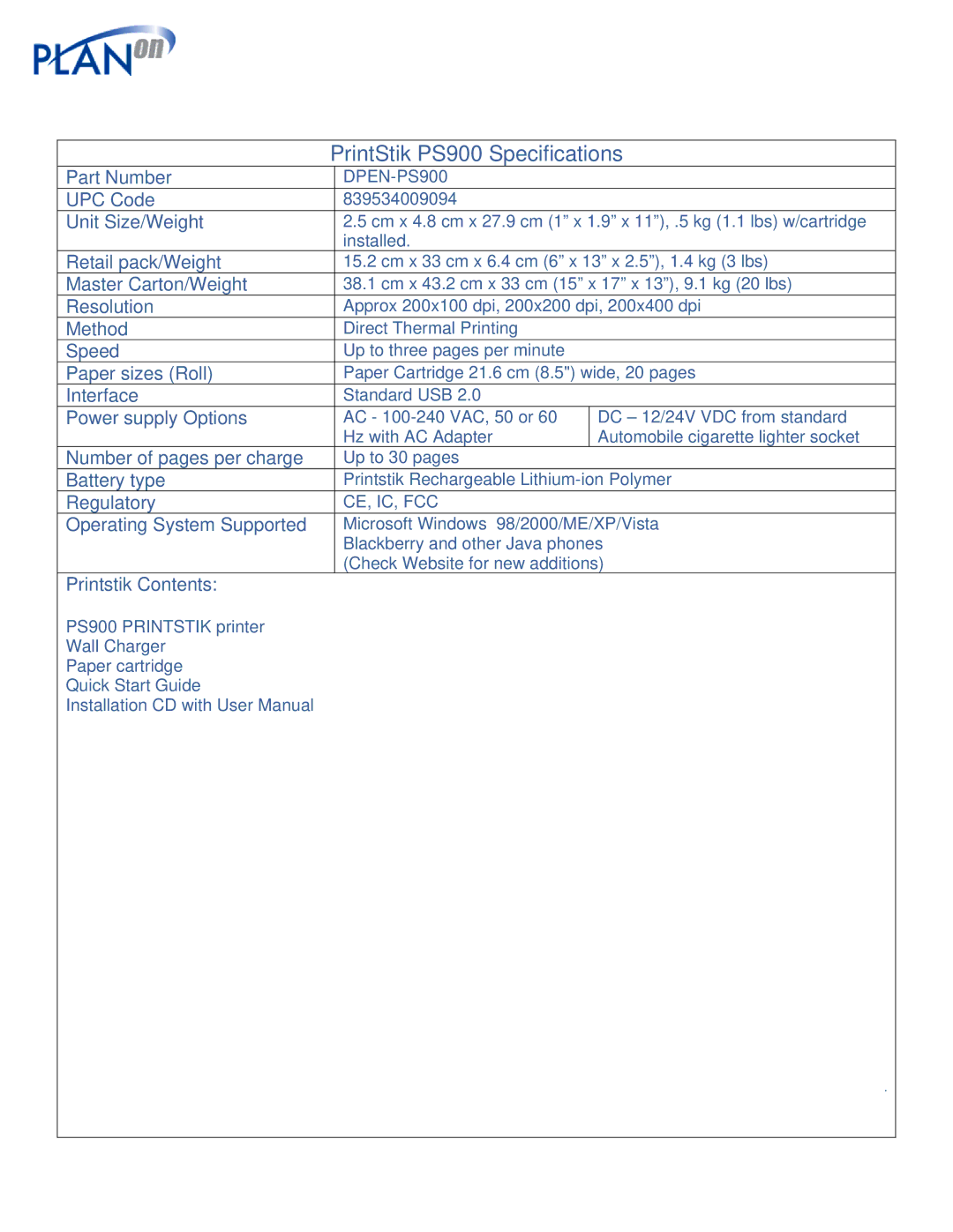 Planon System Solutions DPEN-PS900 specifications PrintStik PS900 Specifications 