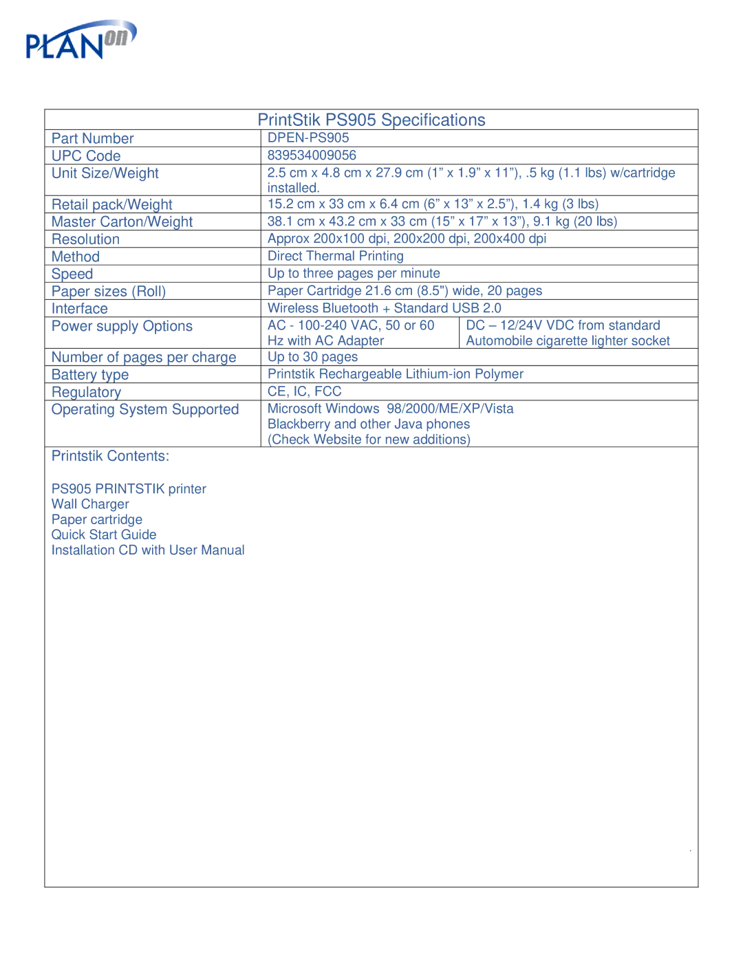 Planon System Solutions DPEN-PS905 specifications PrintStik PS905 Specifications 