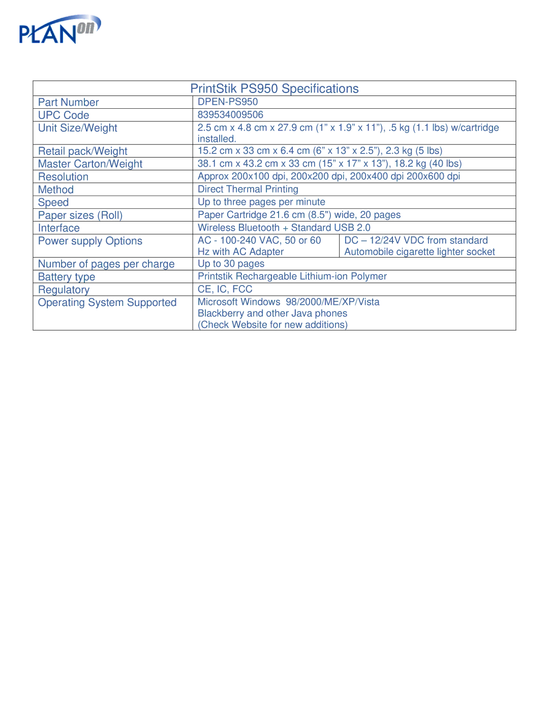 Planon System Solutions 839534009506, DPEN-PS950 specifications PrintStik PS950 Specifications 