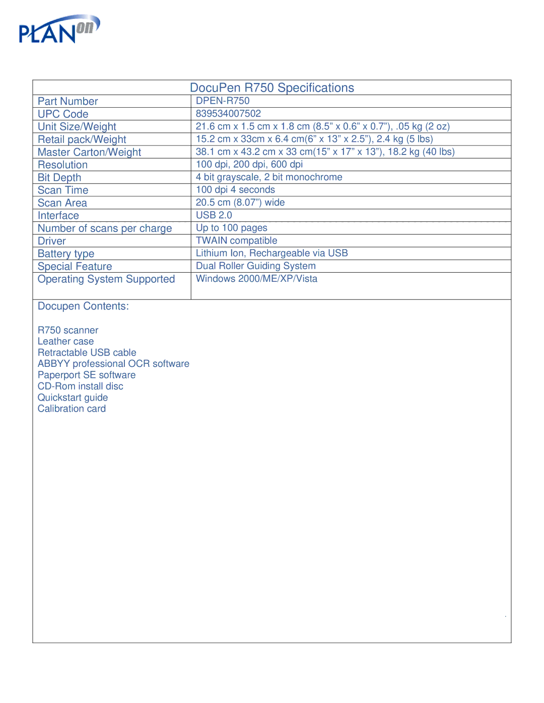 Planon System Solutions DPEN-R750 specifications DocuPen R750 Specifications 