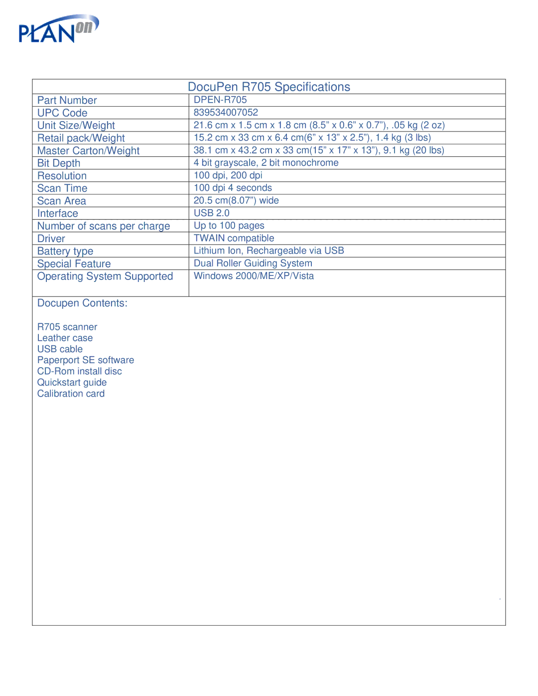 Planon System Solutions specifications DocuPen R705 Specifications 