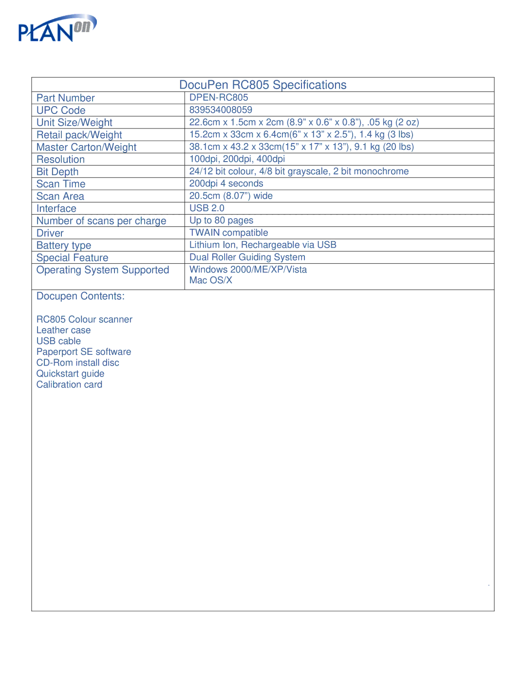 Planon System Solutions specifications DocuPen RC805 Specifications 