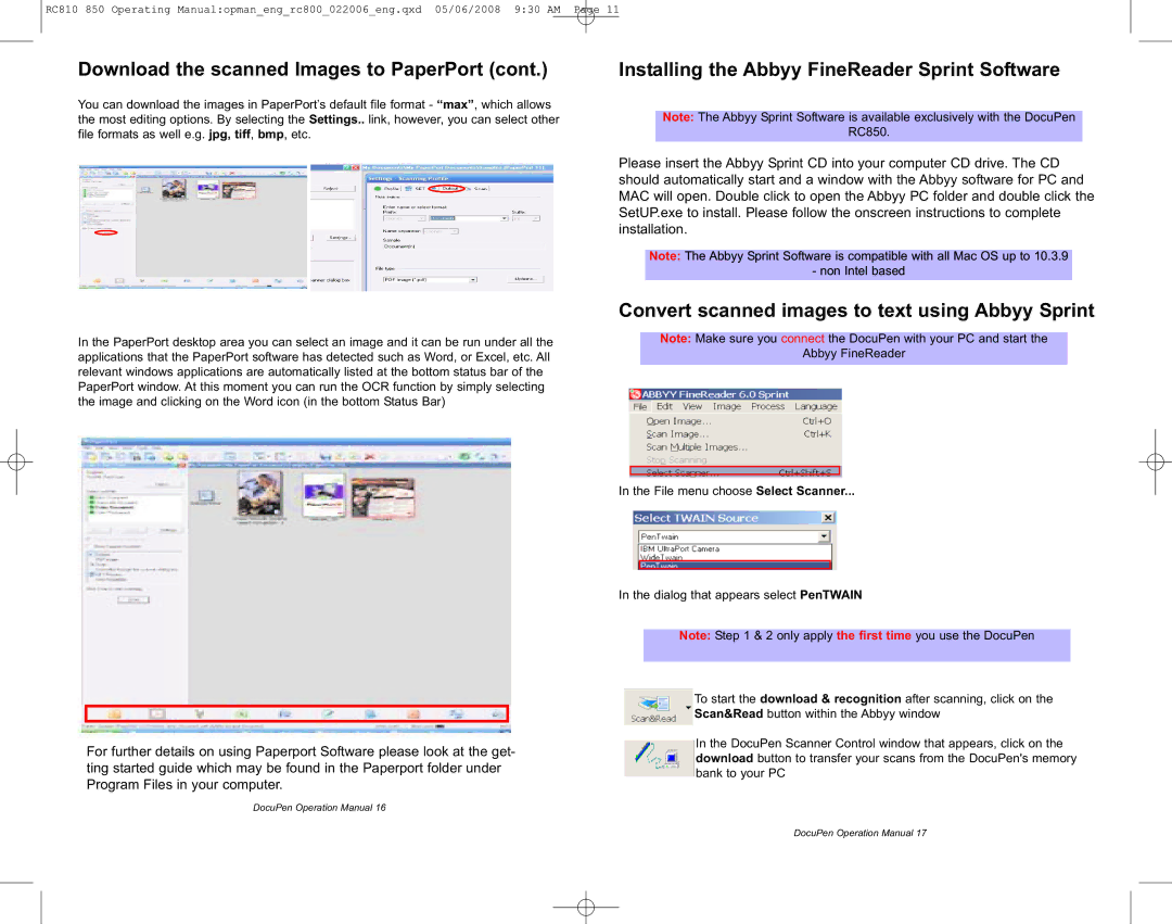 Planon System Solutions RC850, RC810 manual Installing the Abbyy FineReader Sprint Software 