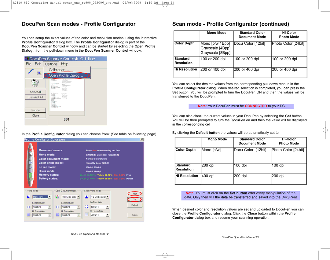 Planon System Solutions RC810, RC850 DocuPen Scan modes Profile Configurator, Scan mode Profile Configurator, dpi 100 dpi 