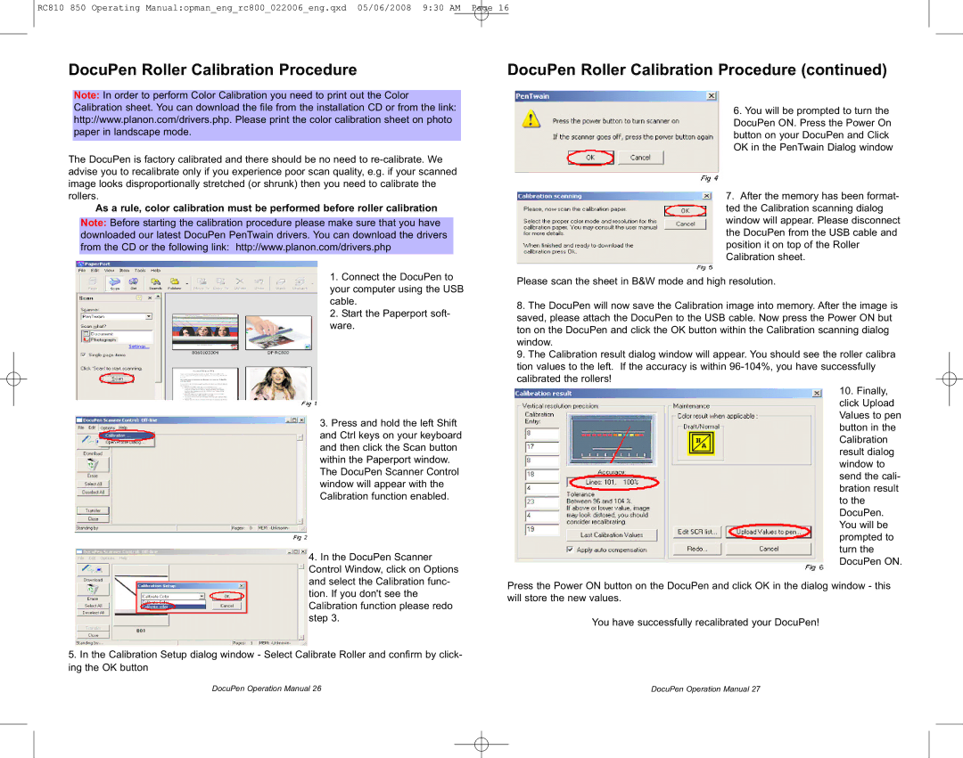 Planon System Solutions RC810, RC850 manual DocuPen Roller Calibration Procedure 