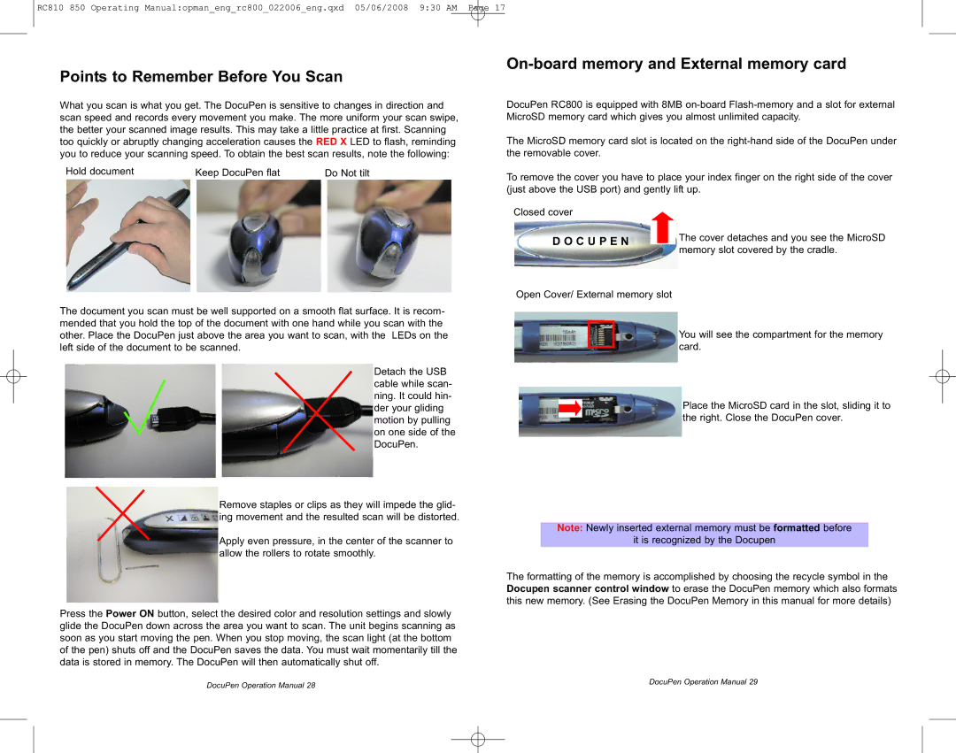 Planon System Solutions RC850, RC810 manual Points to Remember Before You Scan, On-board memory and External memory card 