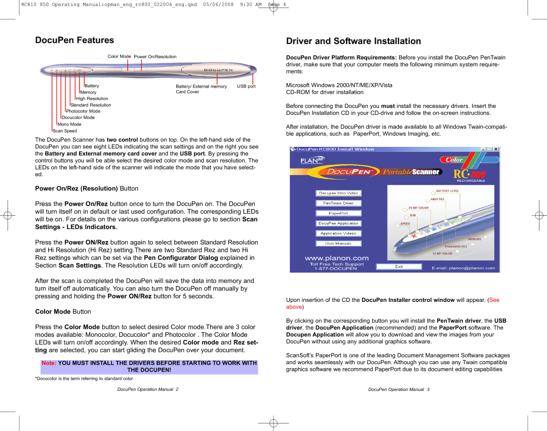 Planon System Solutions RC810, RC850 DocuPen Features, Driver and Software Installation, Power On/Rez Resolution Button 
