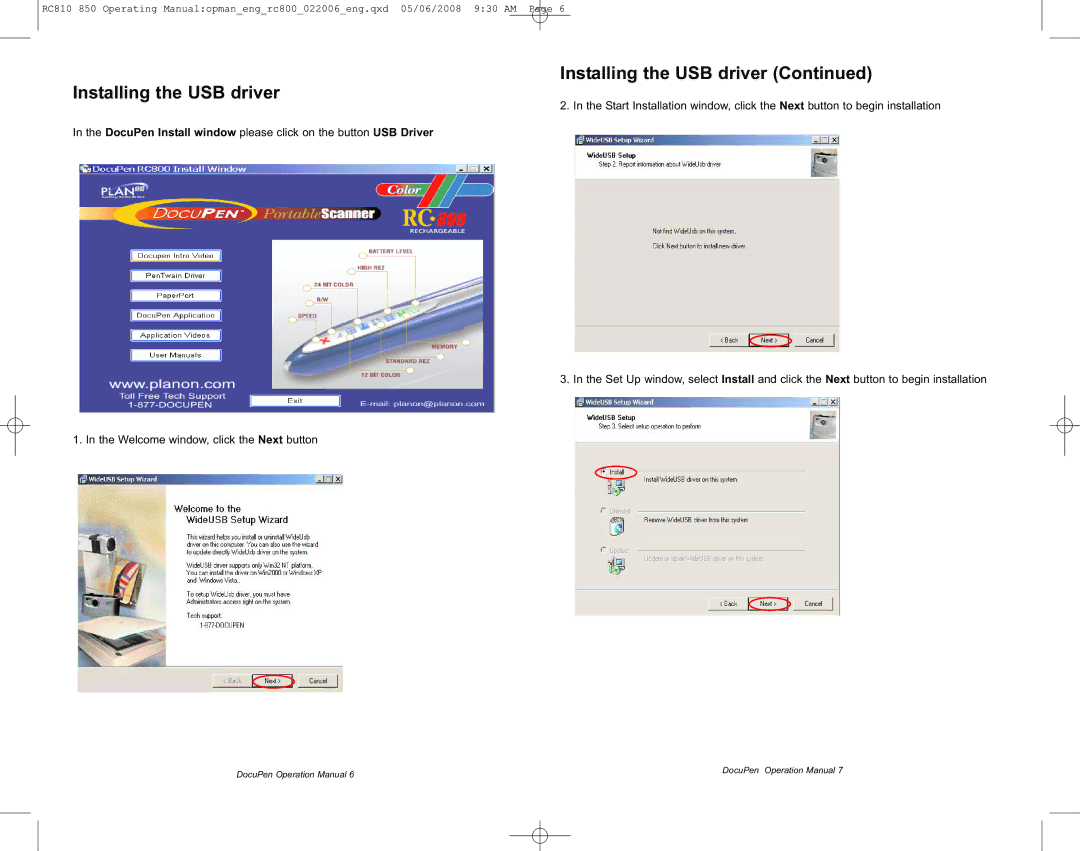 Planon System Solutions RC810, RC850 manual Installing the USB driver 