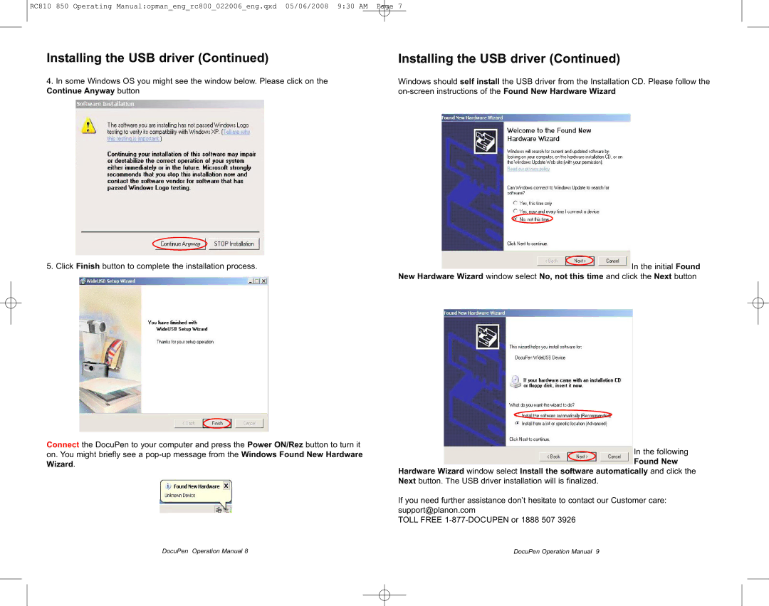 Planon System Solutions RC850, RC810 manual Installing the USB driver 