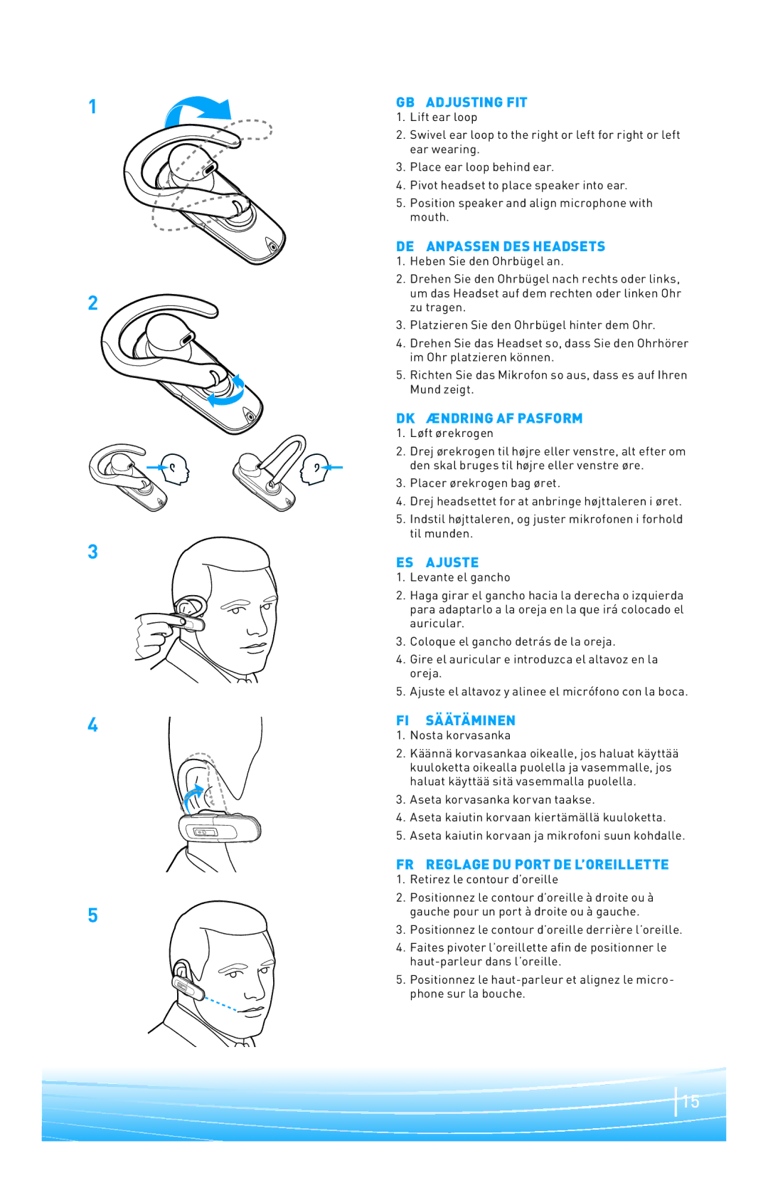 Plantronics 220 SERIES GB Adjusting FIT, DE Anpassen DES Headsets, DK Ændring AF Pasform, ES Ajuste, FI Säätäminen 