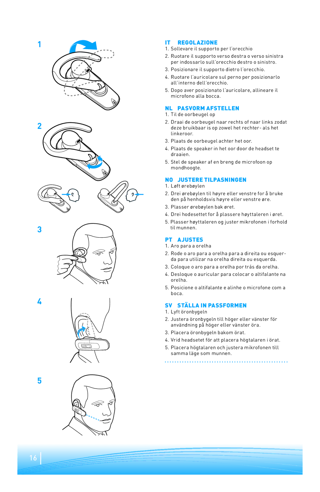 Plantronics 220 SERIES IT Regolazione, NL Pasvorm Afstellen, No Justere Tilpasningen, PT Ajustes, SV Ställa in Passformen 