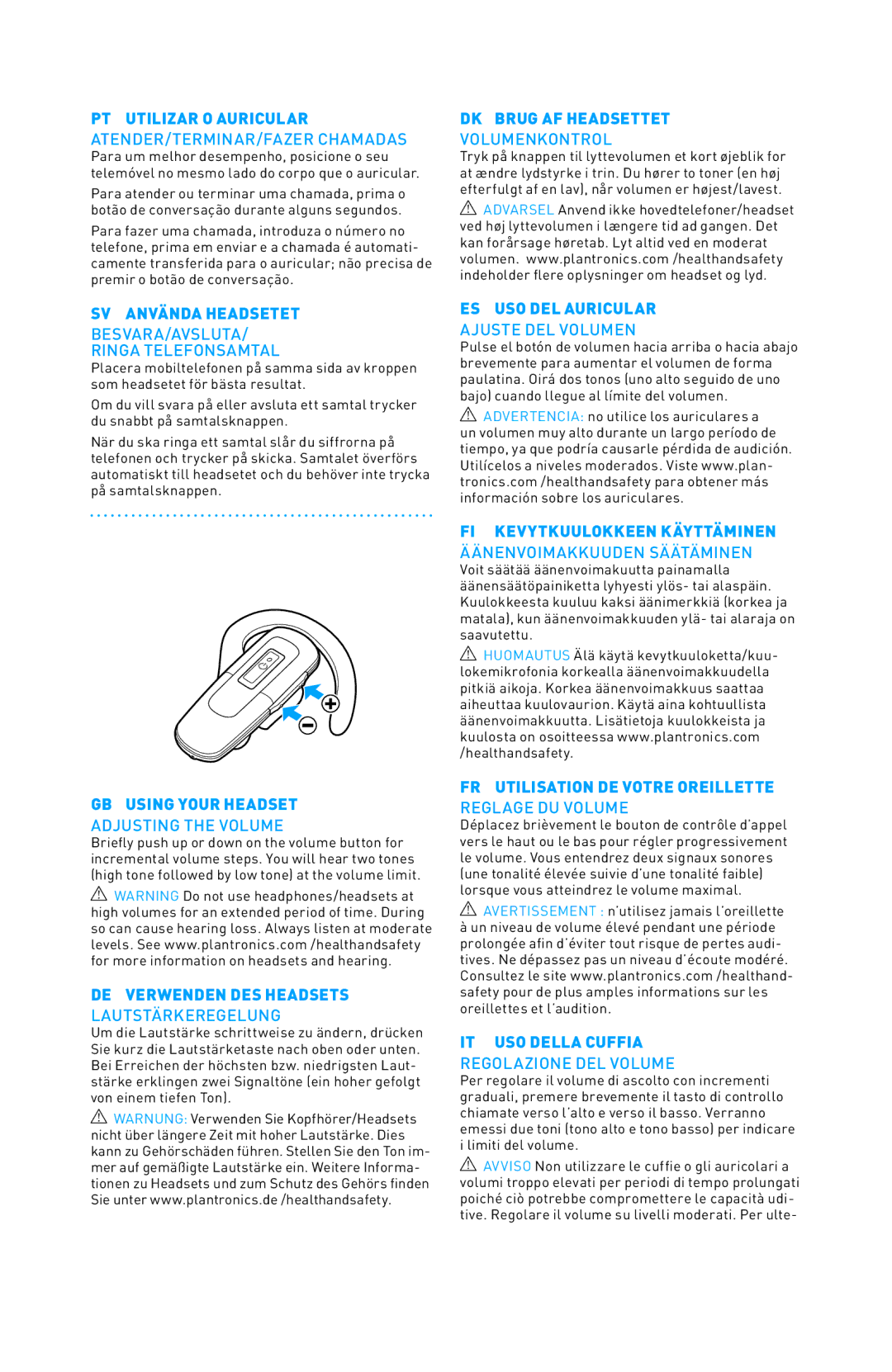 Plantronics 220 SERIES manual do utilizador PT Utilizar O Auricular, SV Använda Headsetet 