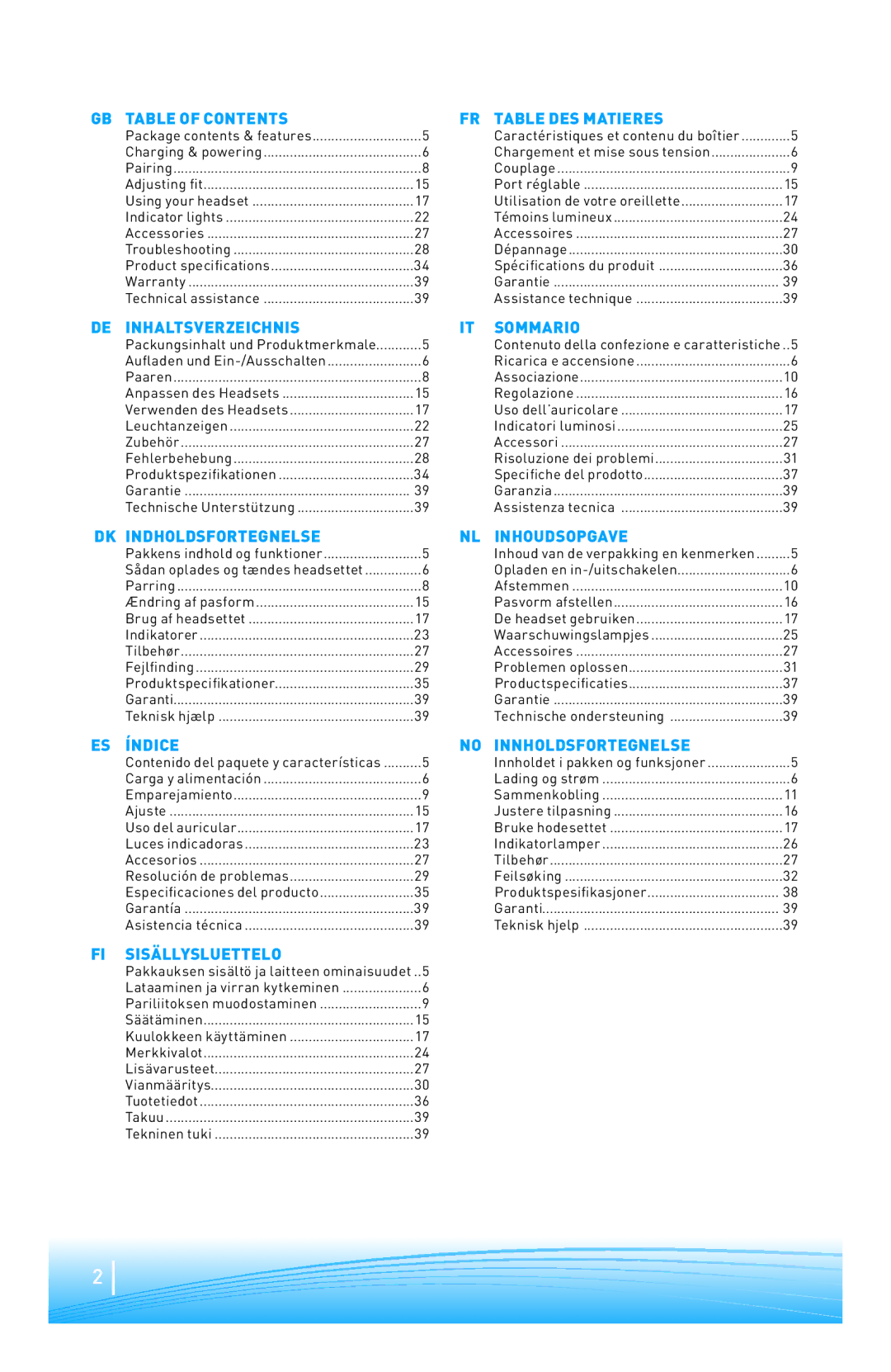 Plantronics 220 SERIES Table of Contents, Inhaltsverzeichnis, DK Indholdsfortegnelse, Índice, Sisällysluettelo, Sommario 