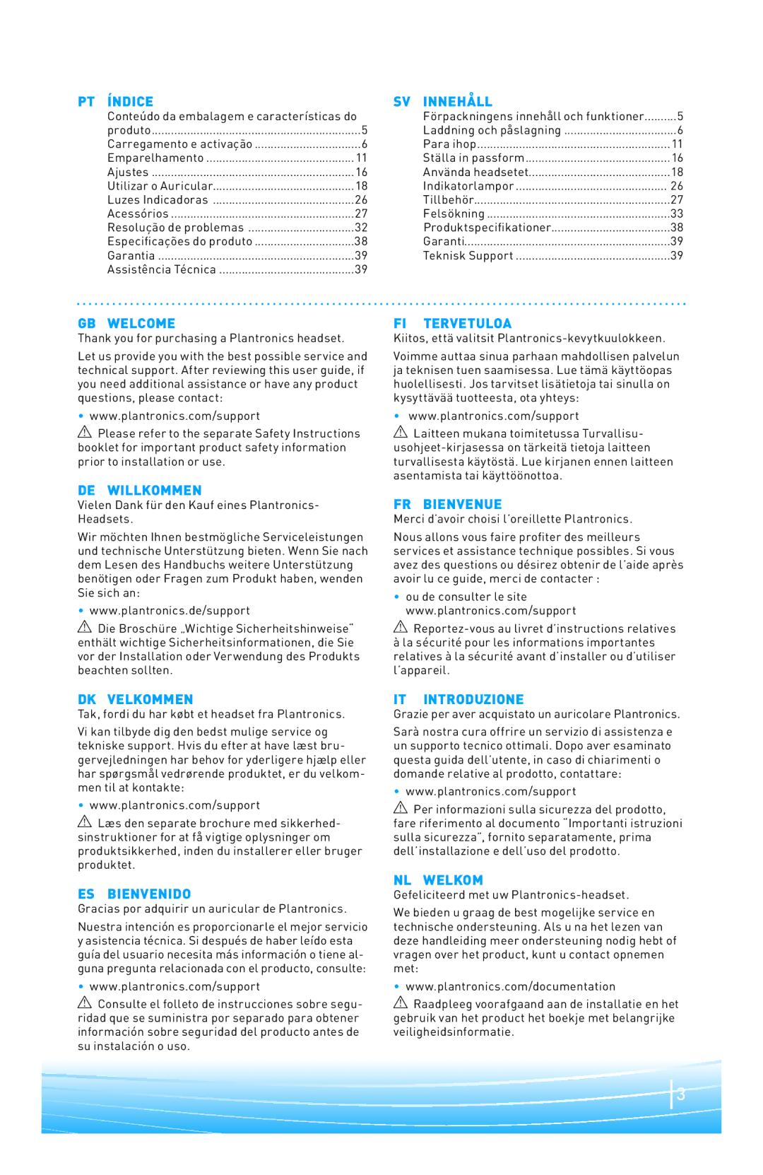Plantronics 220 SERIES PT Índice, SV Innehåll, GB Welcome, DE Willkommen, FI Tervetuloa, FR Bienvenue, DK Velkommen 