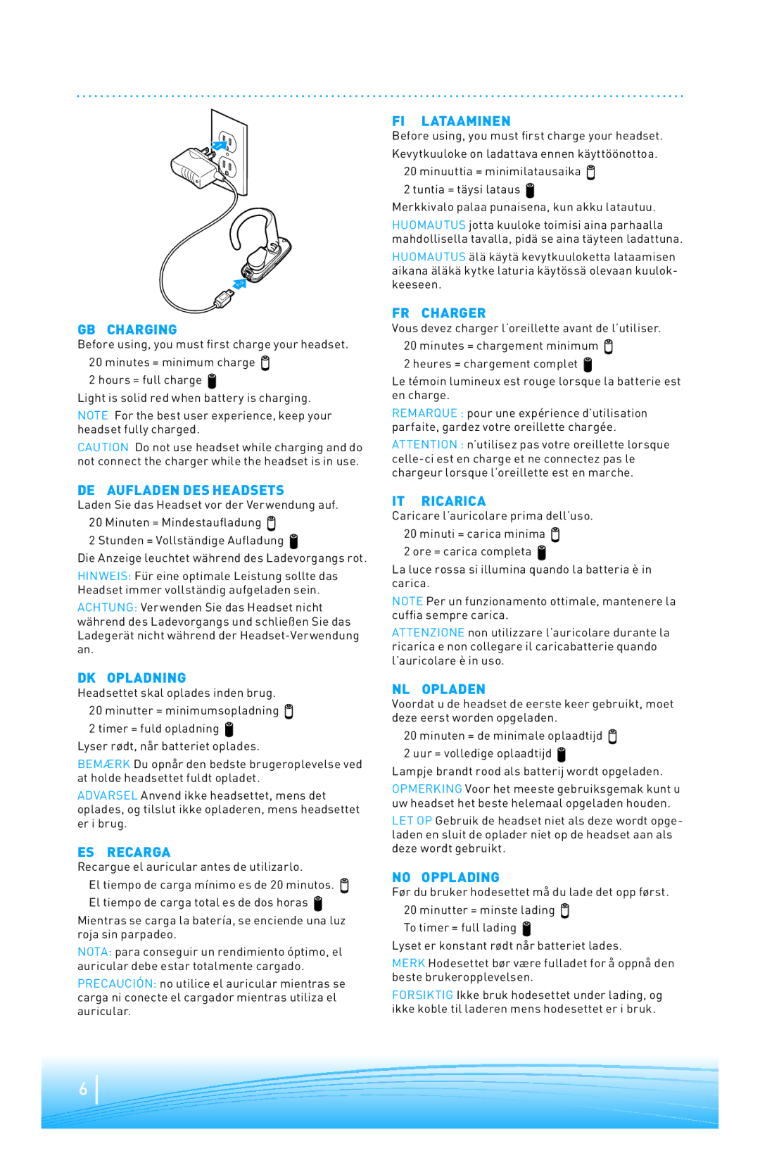 Plantronics 220 SERIES FI Lataaminen, GB Charging, DE Aufladen DES Headsets, DK Opladning, ES Recarga, FR Charger 