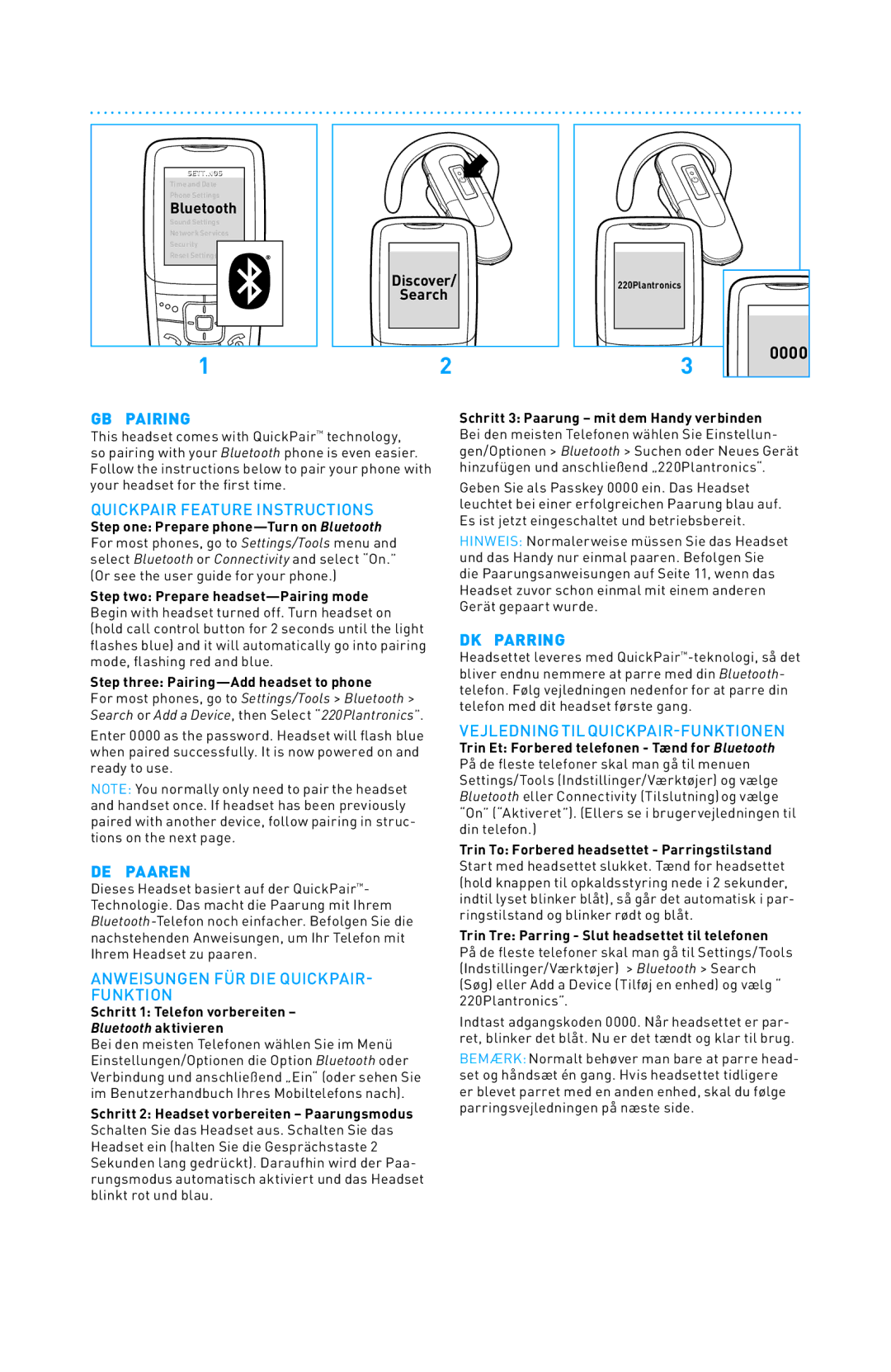 Plantronics 220 SERIES manual do utilizador GB Pairing, DK Parring, DE Paaren 