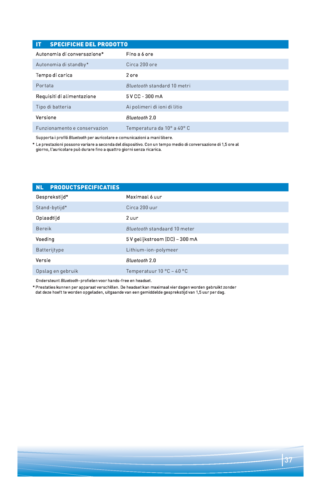 Plantronics 220 SERIES manual do utilizador It Specifiche Del Prodotto, Nl Productspecificaties, Bluetooth 
