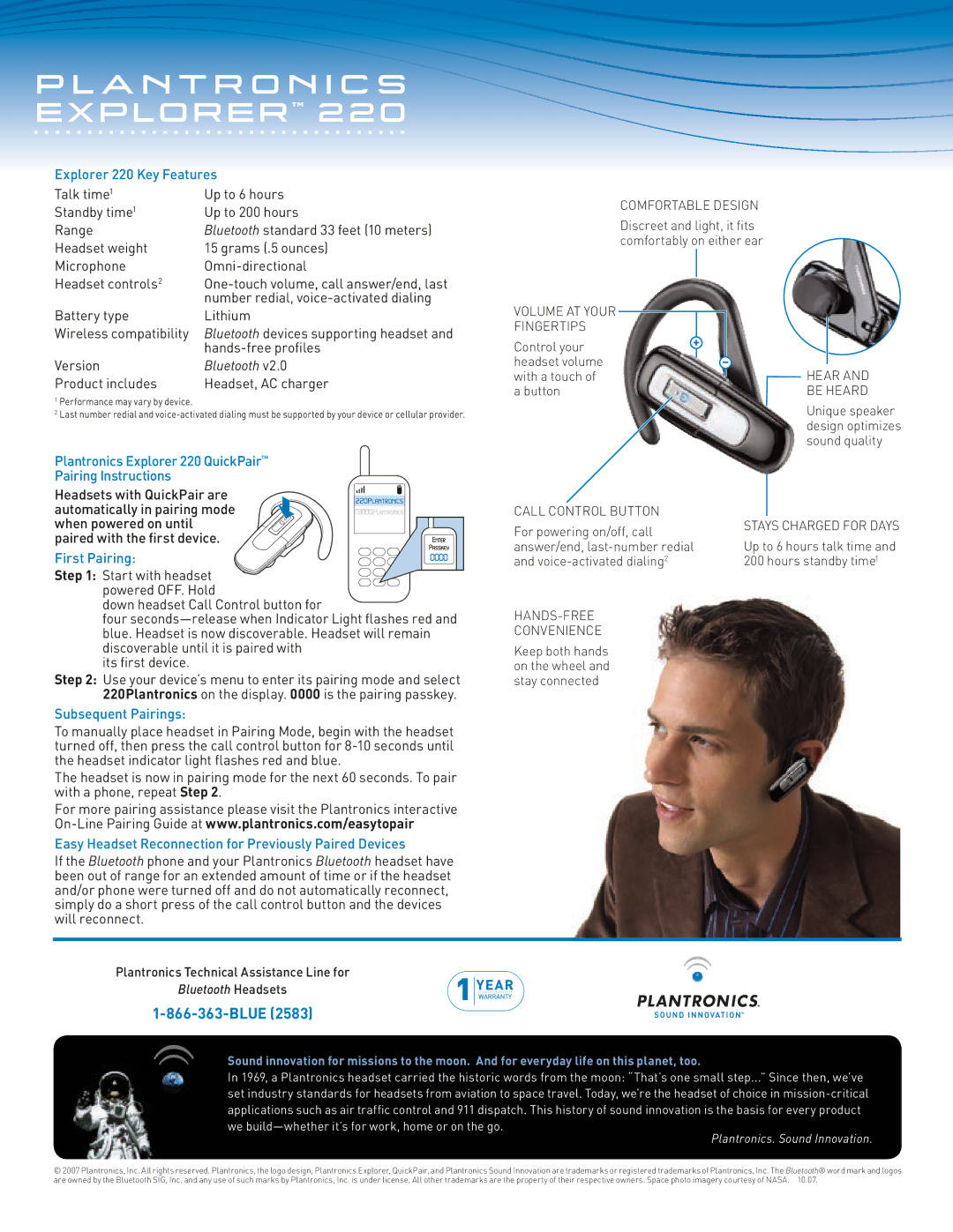 Plantronics manual Explorer 220 Key Features, Plantronics Explorer 220 QuickPair Pairing Instructions, First Pairing 