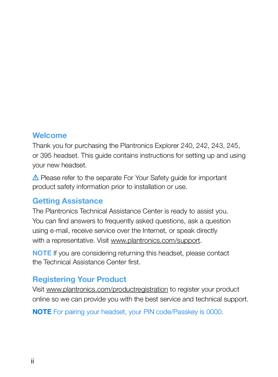 Plantronics 243, 245, 242, 395 manual Getting Assistance Registering Your Product 