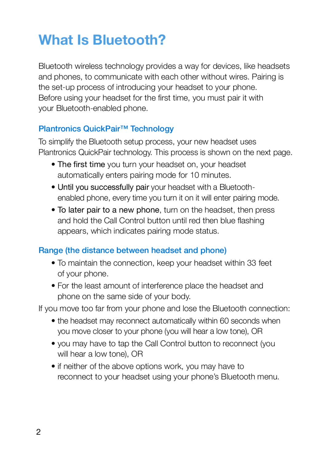 Plantronics 243, 245 What Is Bluetooth?, Plantronics QuickPair Technology, Range the distance between headset and phone 