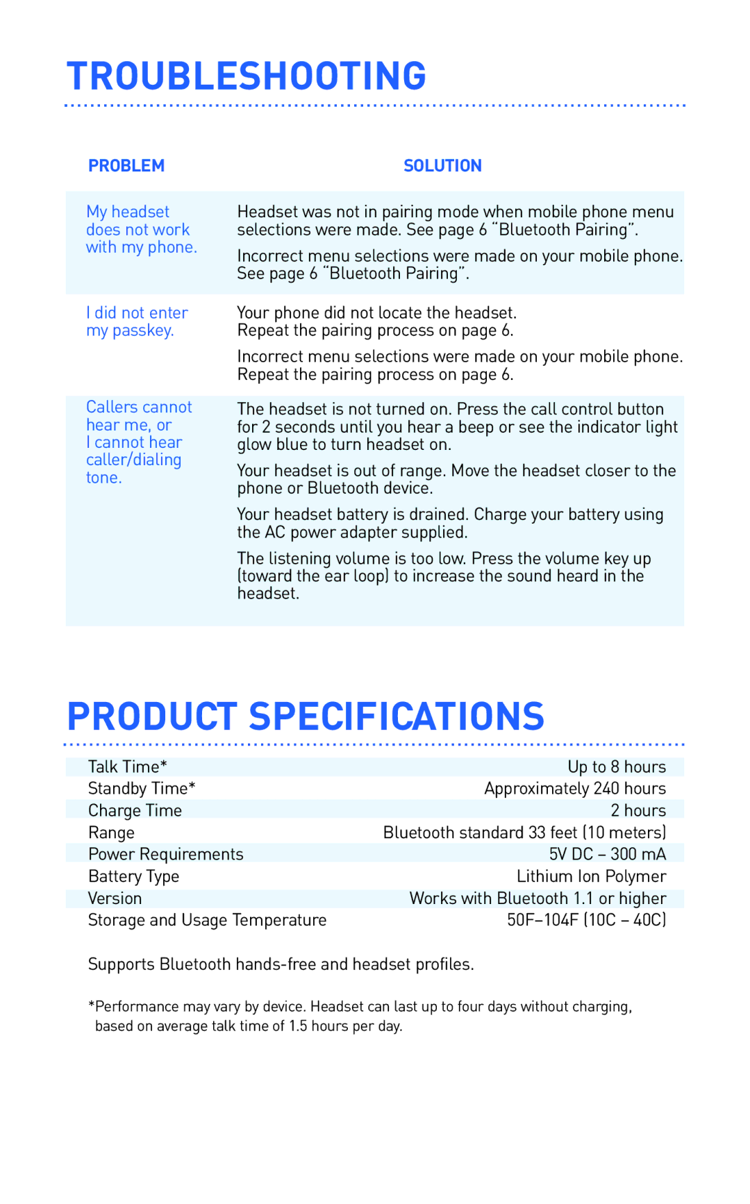 Plantronics 300 Series manual Troubleshooting, Product Specifications 