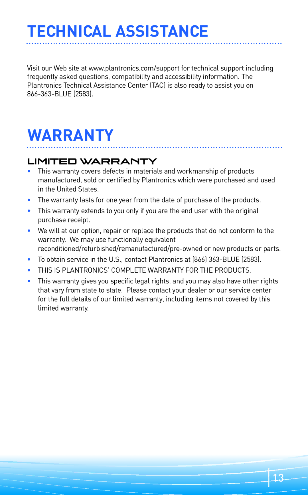 Plantronics 300 Series manual Technical Assistance Warranty, Limited Warranty 