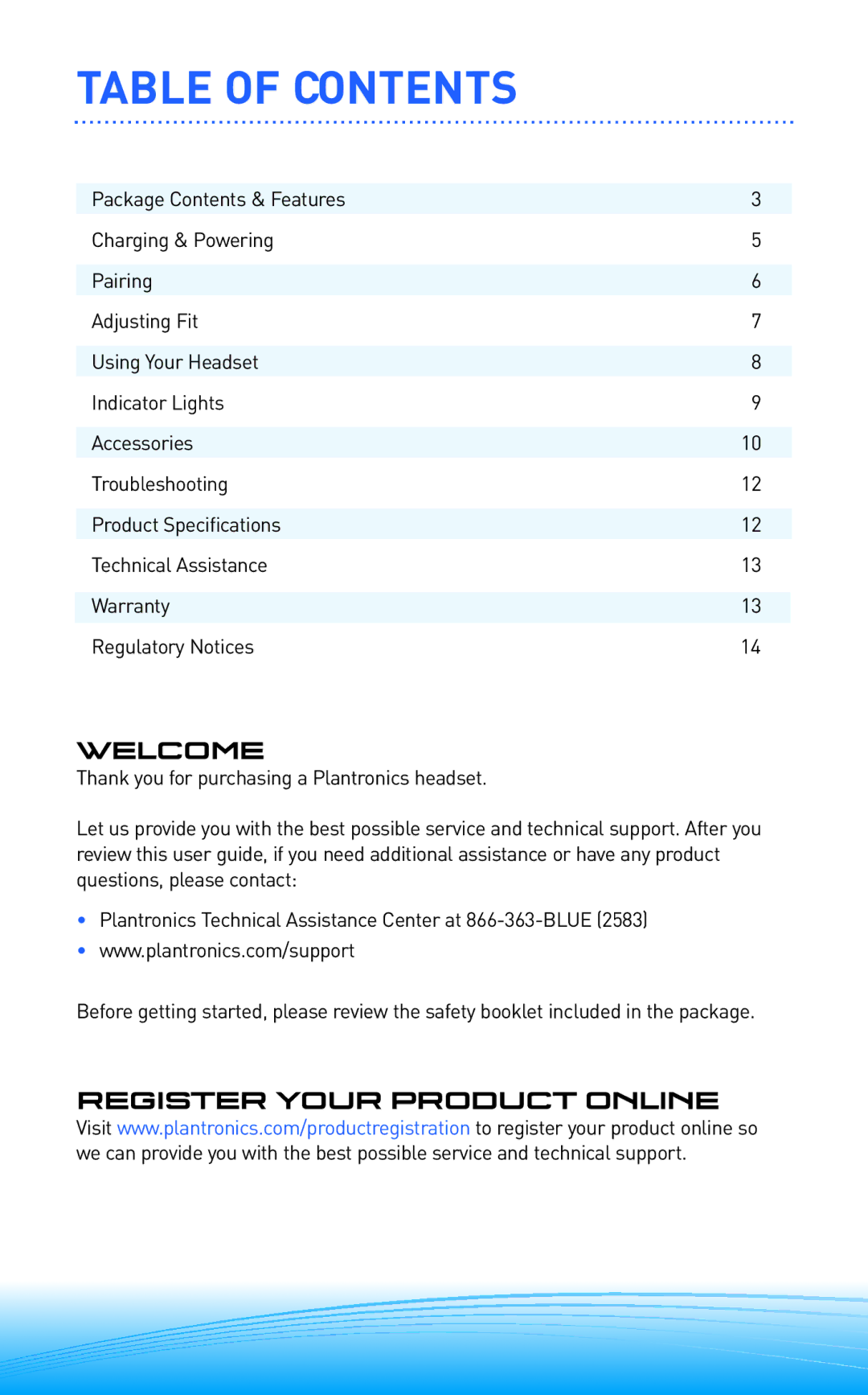 Plantronics 300 Series manual Table of Contents 