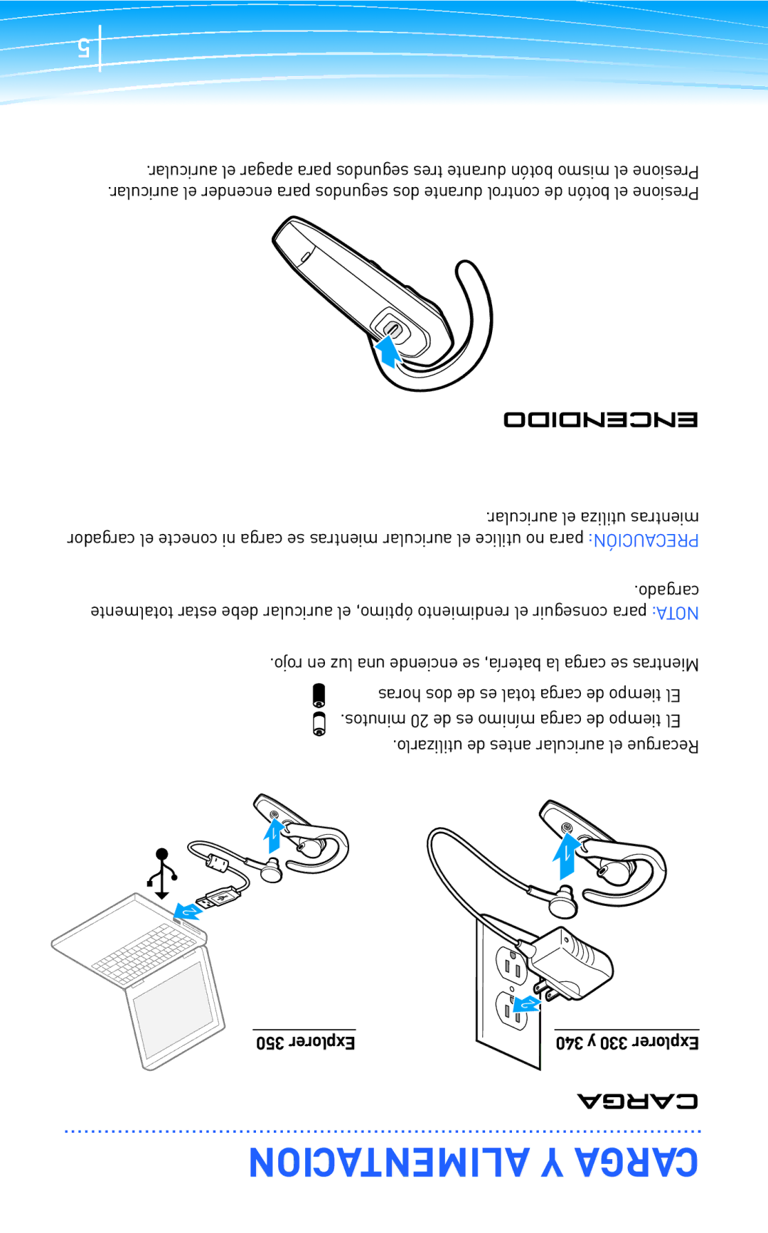 Plantronics 300 Series manual Alimentacion Y Carga, Encendido 