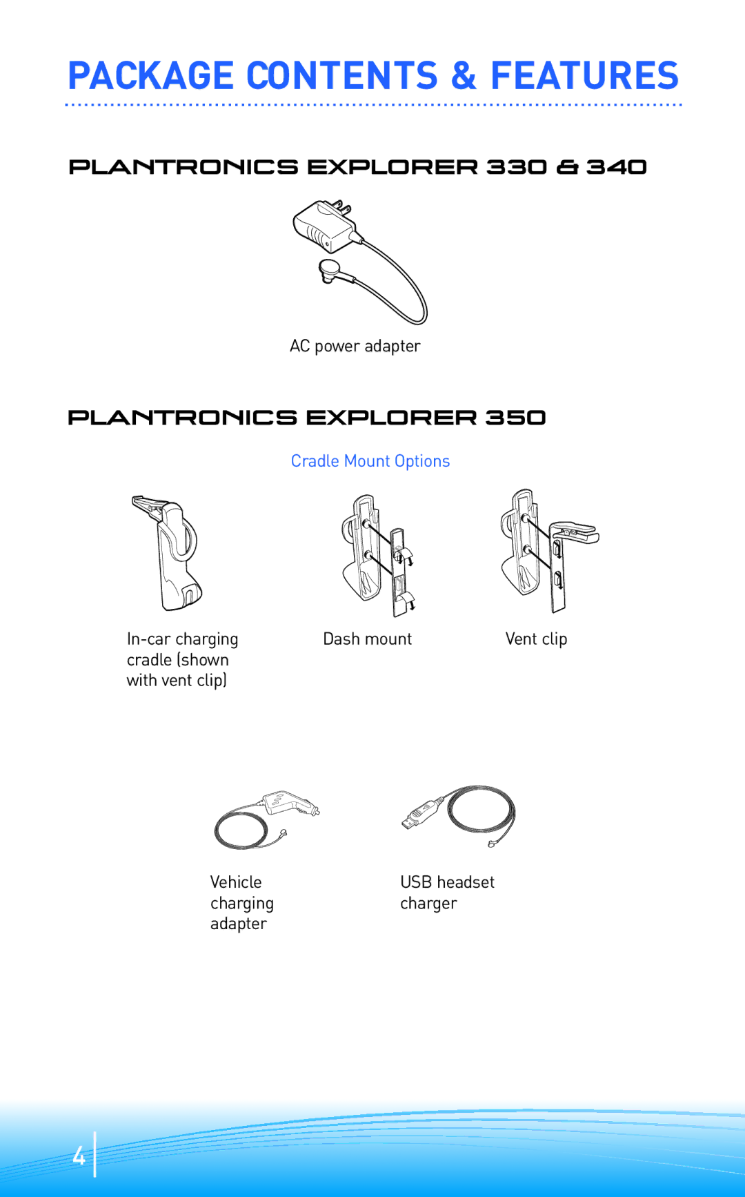 Plantronics 300 Series Plantronics Explorer 330, AC power adapter, In-car charging Dash mount, Charging Charger Adapter 