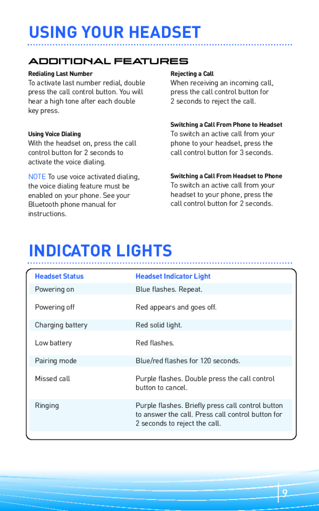 Plantronics 300 Series manual Indicator Lights, Additional Features, Seconds to reject the call 