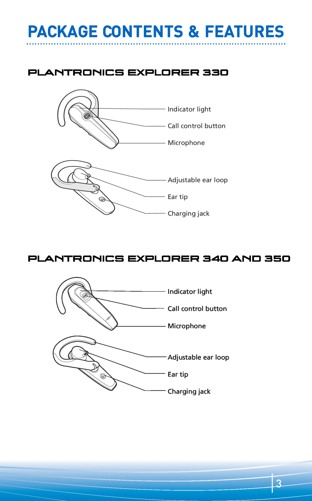 Plantronics 300 Series Package Contents & Features, Plantronics Explorer, PLANTRONICS EXPLORER 340 AND, icrophM, Ear tip 