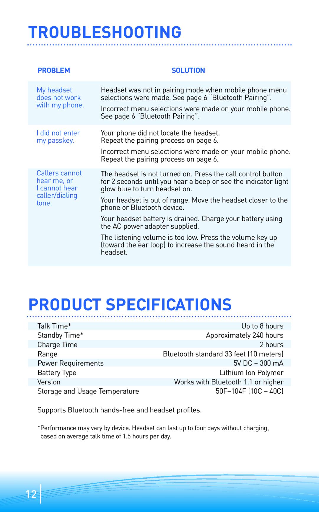 Plantronics 300 manual Troubleshooting, Product Specifications 