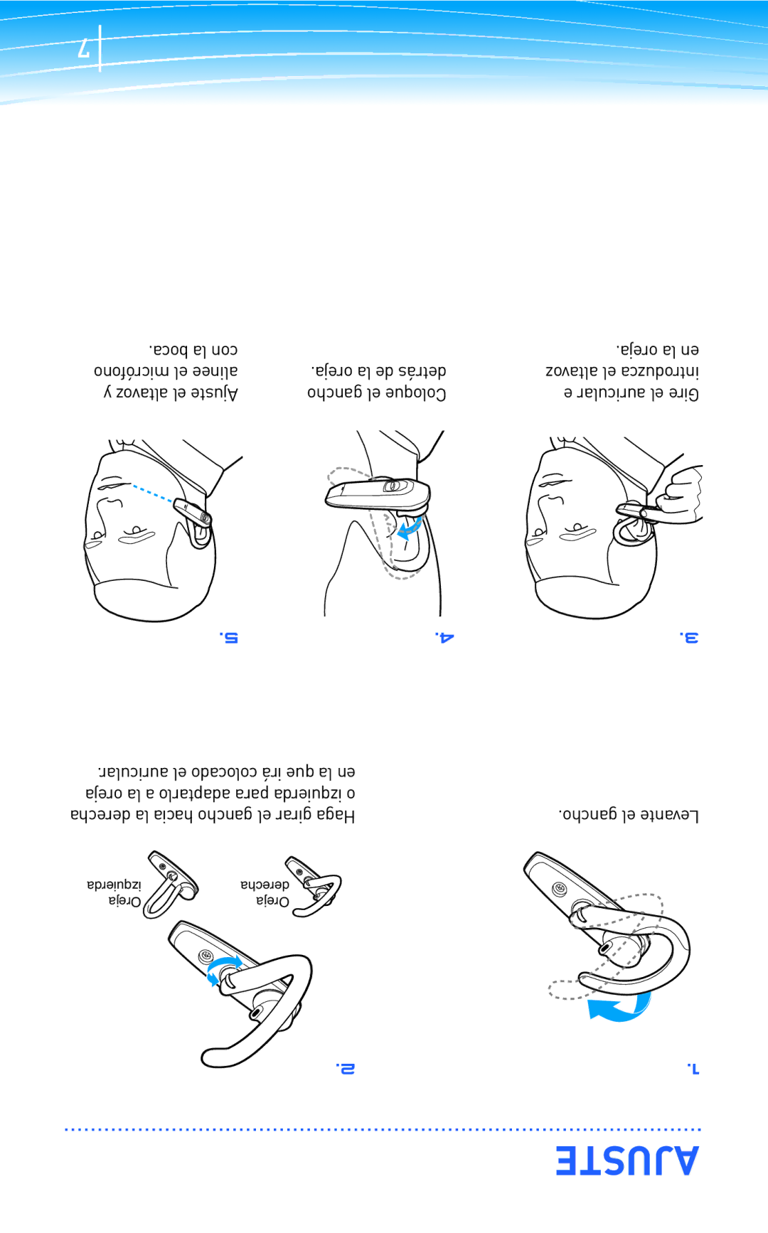 Plantronics 300 manual Boca la con Oreja la de detrás, Micrófono el alinee, Altavoz el Ajuste Gancho el Coloque 