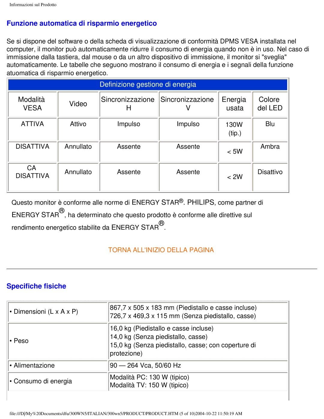 Plantronics 300NS manual Funzione automatica di risparmio energetico, Specifiche fisiche 