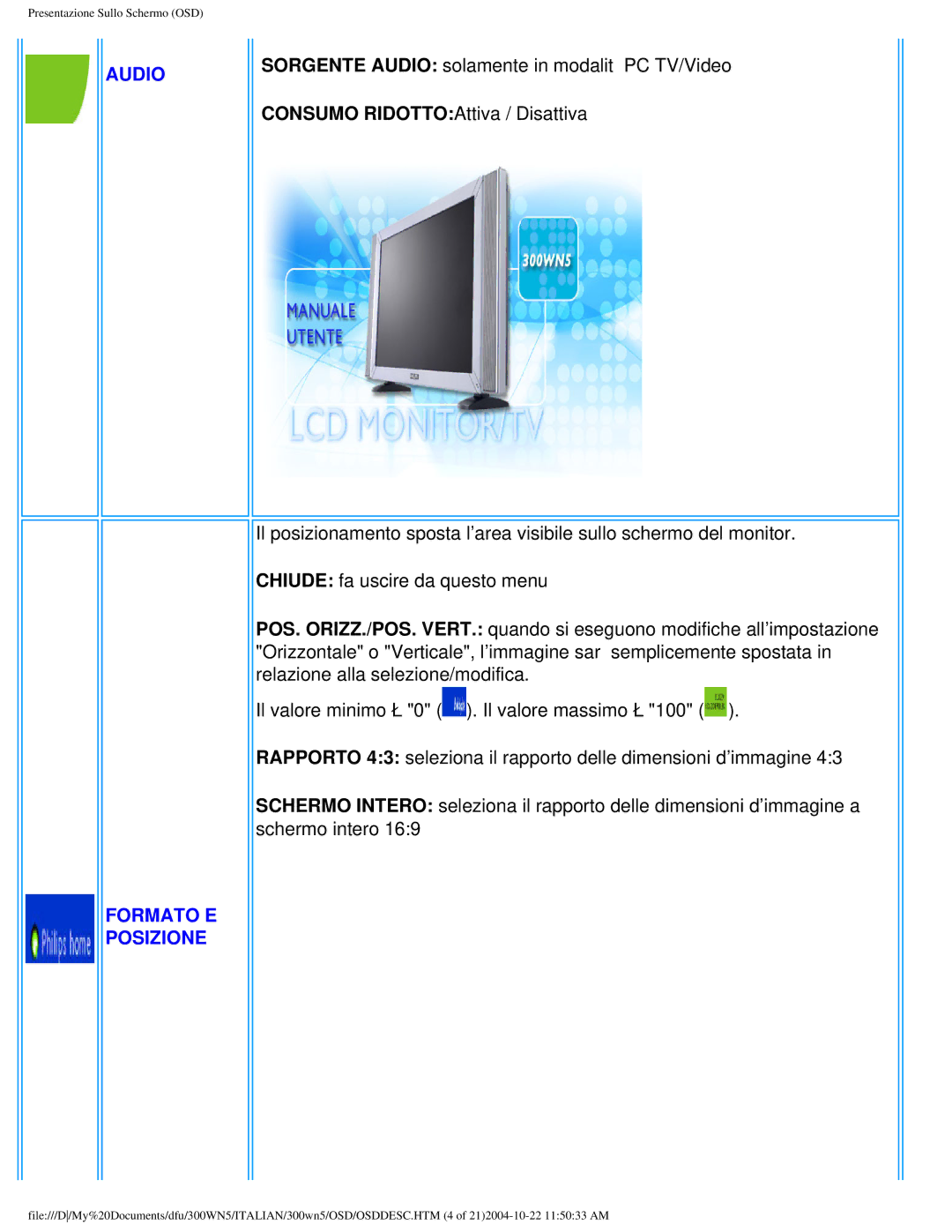 Plantronics 300NS manual Audio Formato E Posizione 