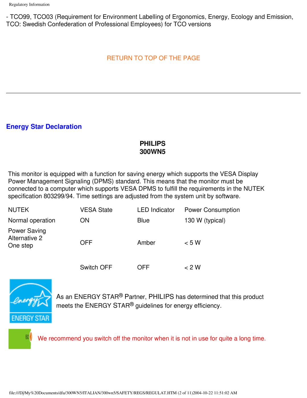 Plantronics 300NS manual Energy Star Declaration, Philips 300WN5 