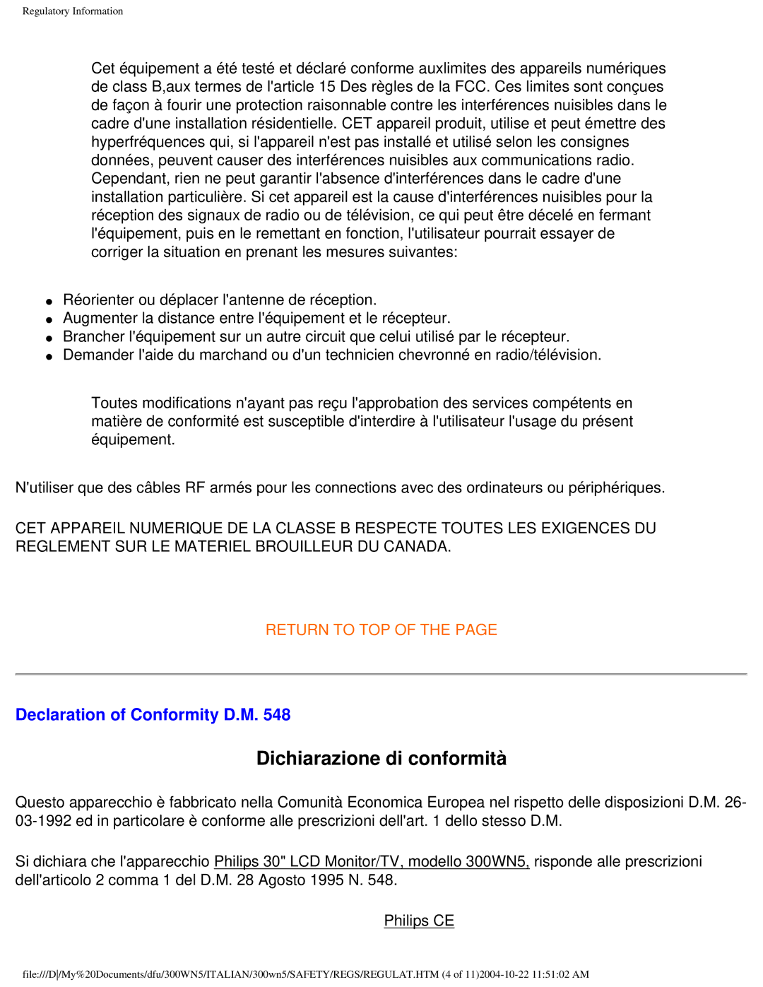 Plantronics 300NS manual Dichiarazione di conformità, Declaration of Conformity D.M 