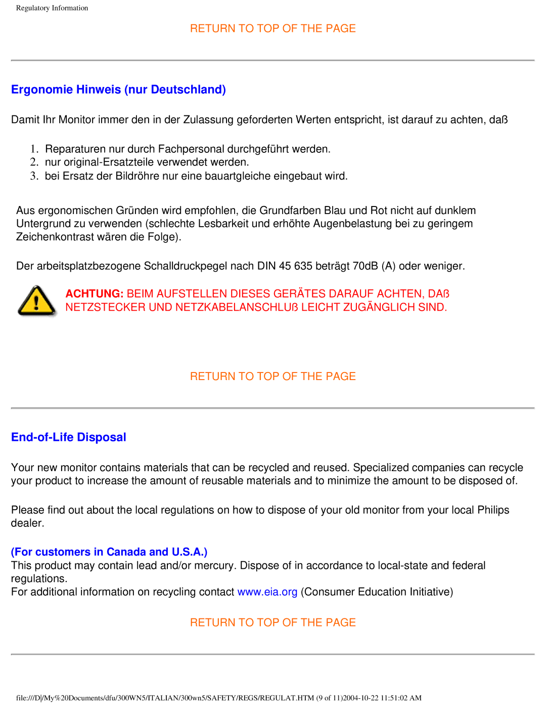 Plantronics 300NS manual Ergonomie Hinweis nur Deutschland, End-of-Life Disposal 