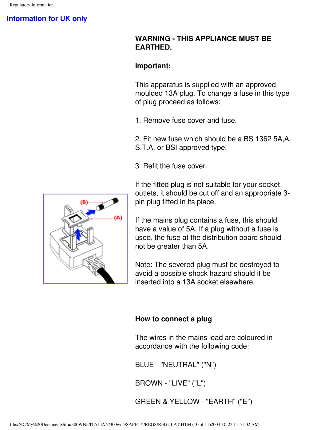 Plantronics 300NS manual Information for UK only, Earthed 