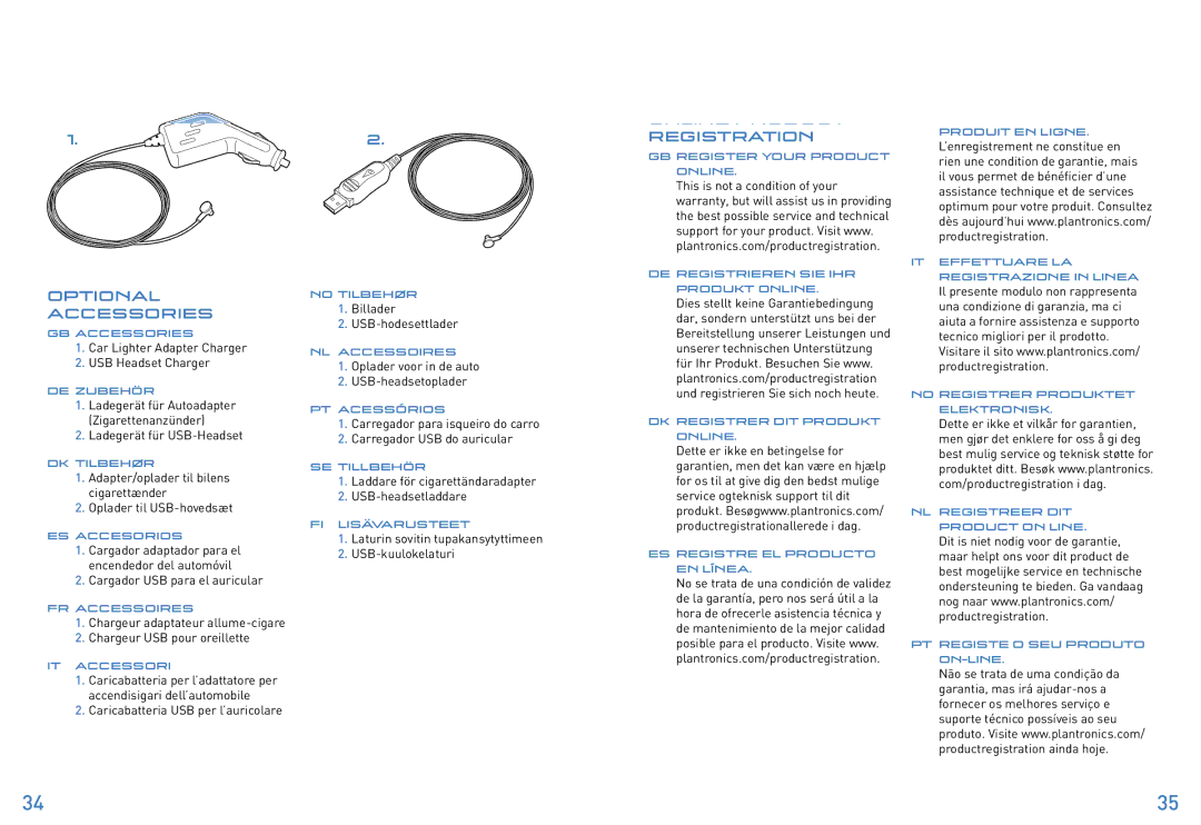 Plantronics 320 manual do utilizador Optional Accessories, Online Product Registration 