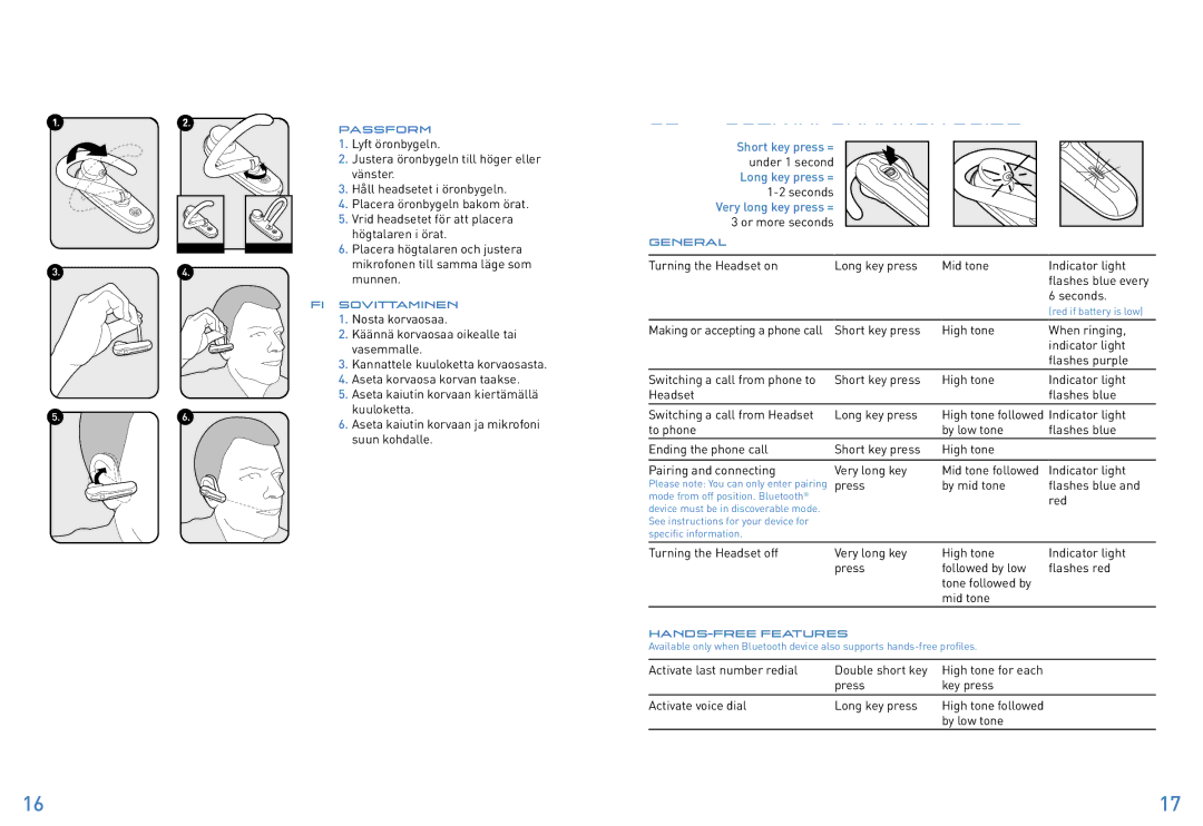 Plantronics 320 manual do utilizador GB User Information Guide, Or more seconds, Press By mid tone ﬂashes blue, Red 