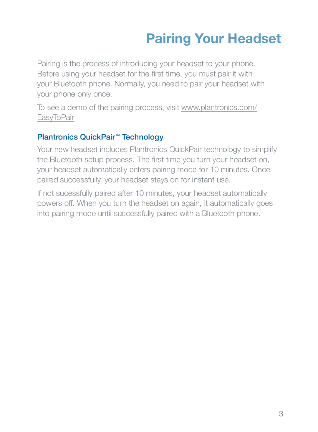 Plantronics 360 manual Pairing Your Headset, Plantronics QuickPair Technology 